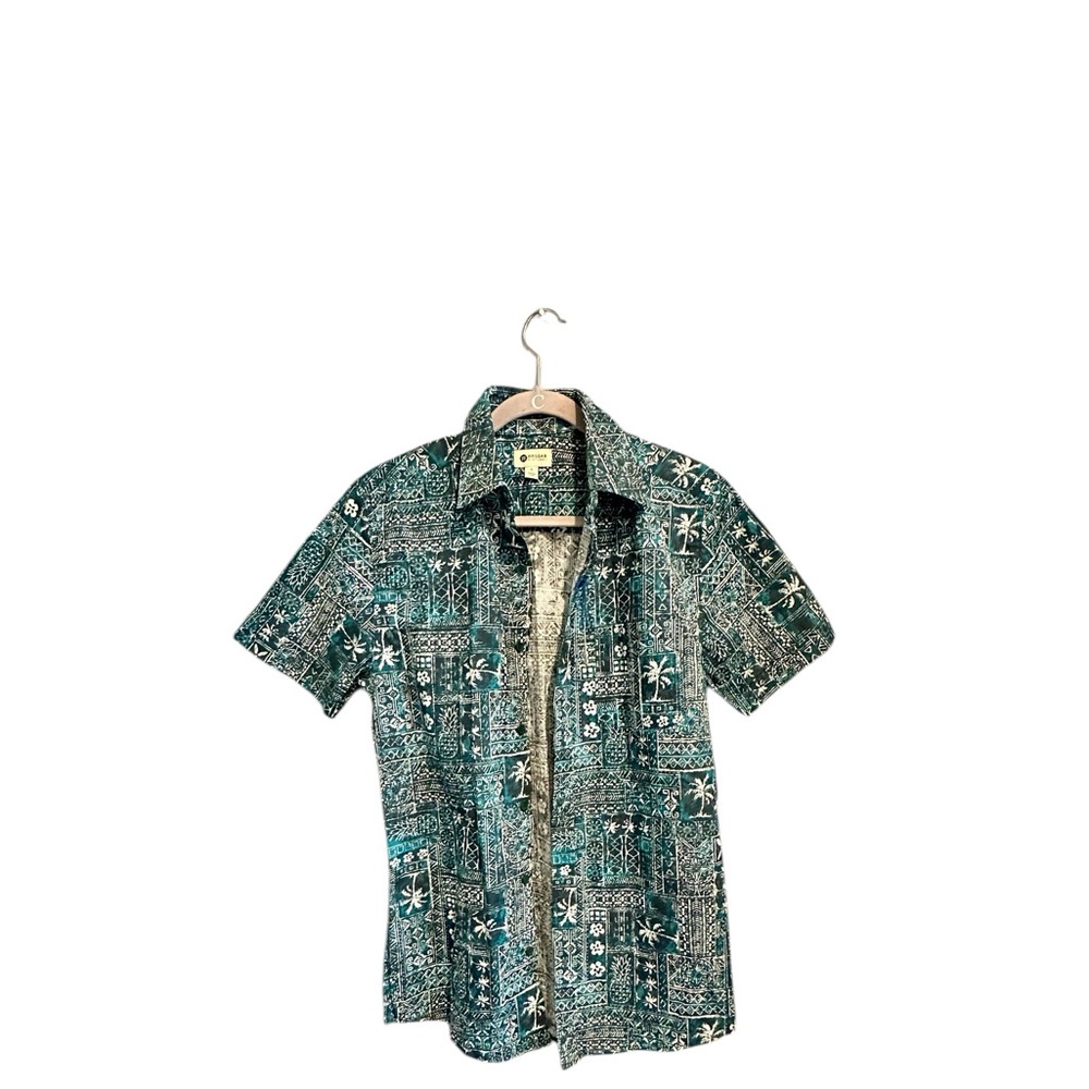 Haggar mens button up Hawaiian floral teal shirt